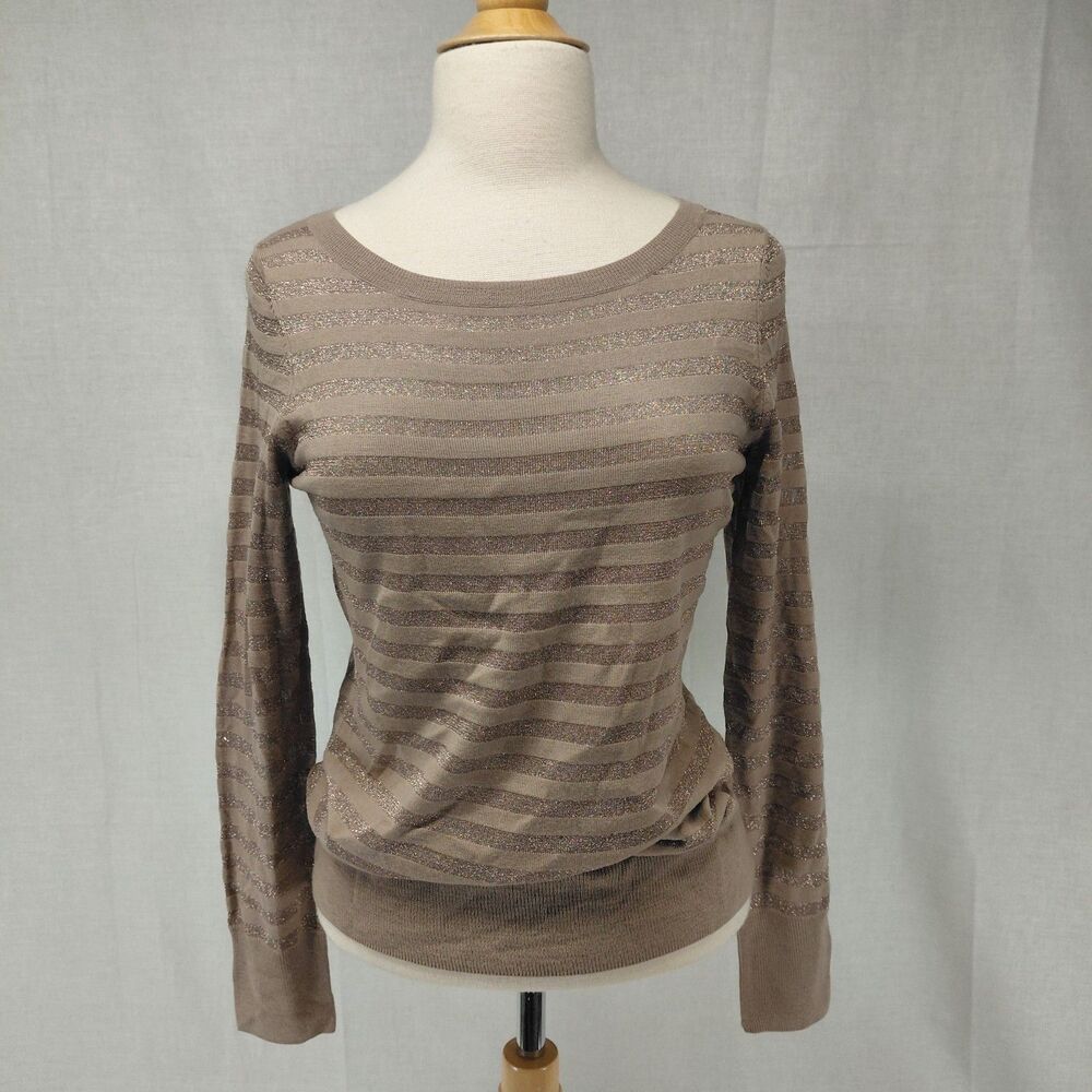 Talbots tan metallic stripe LS sweater Pure Italian Merino Wool Blend Size M